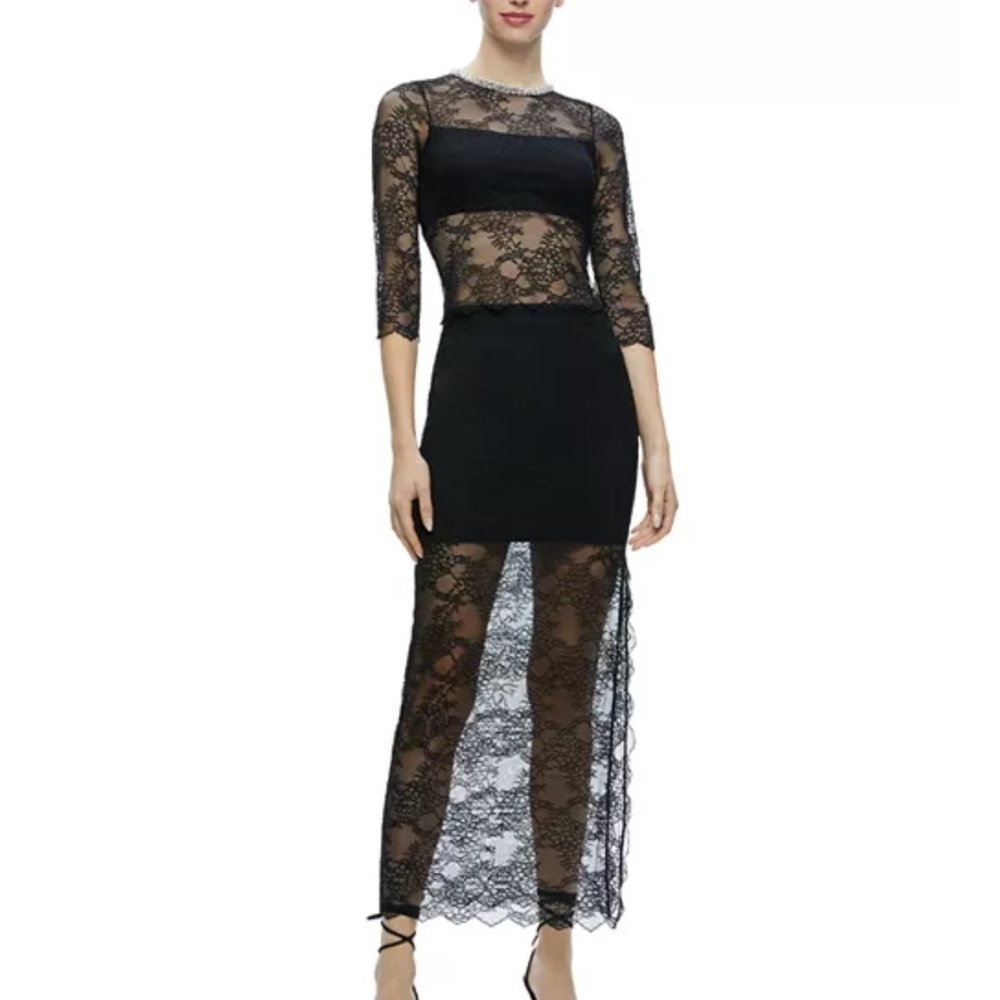 alice + olivia Vanita Embellished Neck Black Lace Crop Top Large - Picture 3 of 8
